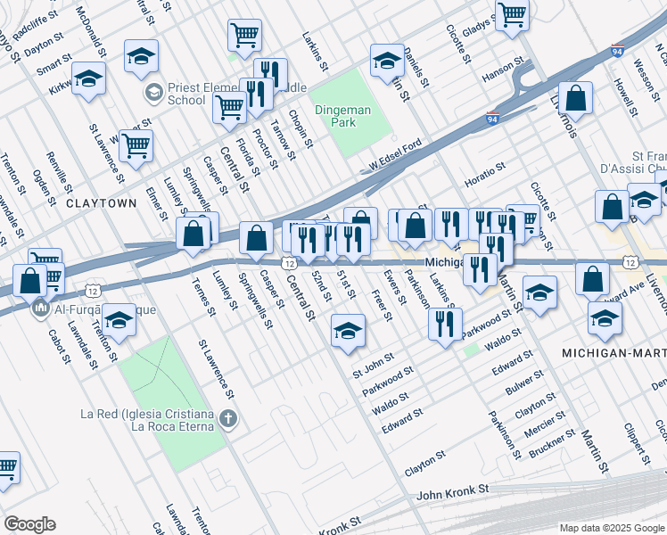 map of restaurants, bars, coffee shops, grocery stores, and more near 7435 Michigan Avenue in Detroit