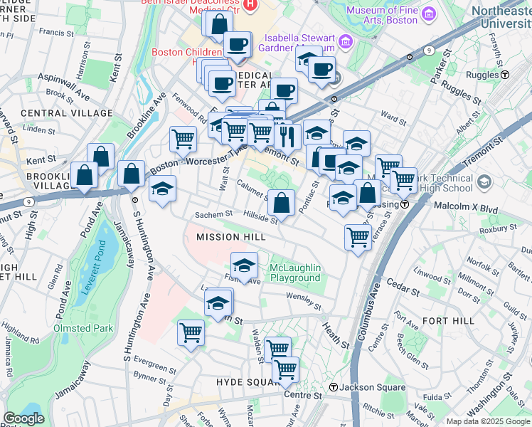 map of restaurants, bars, coffee shops, grocery stores, and more near 95 Hillside Street in Roxbury Crossing