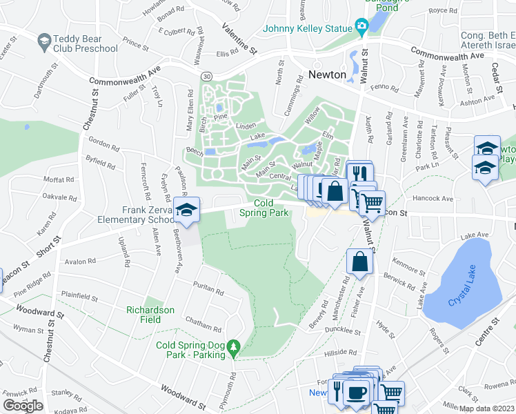 map of restaurants, bars, coffee shops, grocery stores, and more near 1222 Beacon Street in Newton