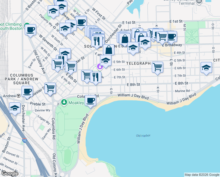 map of restaurants, bars, coffee shops, grocery stores, and more near 153 G Street in Boston