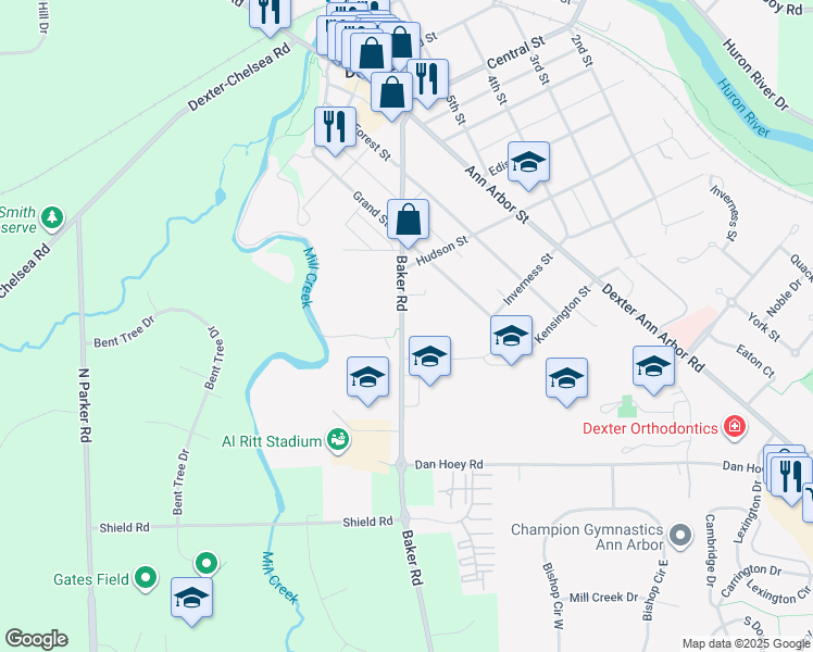 map of restaurants, bars, coffee shops, grocery stores, and more near 2845 Baker Road in Dexter