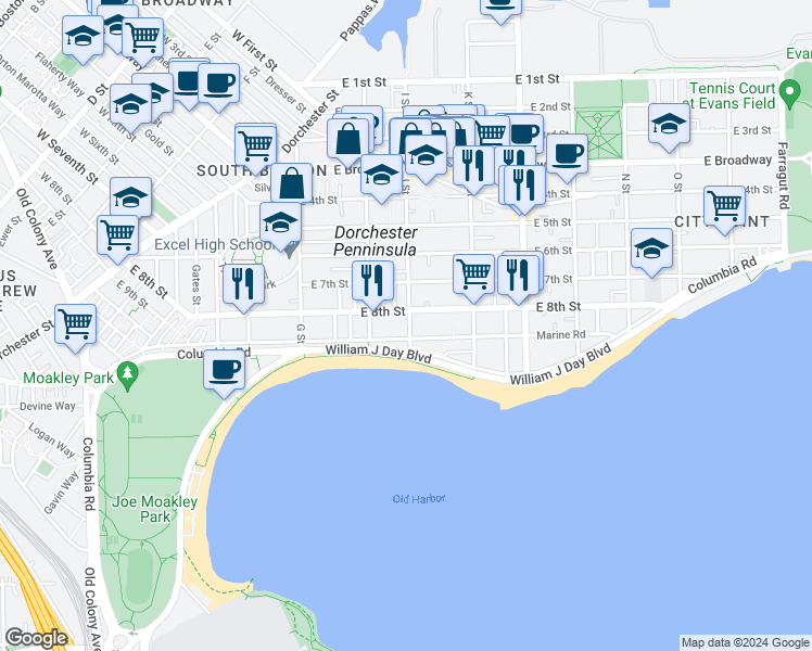 map of restaurants, bars, coffee shops, grocery stores, and more near 211 I Street in Boston