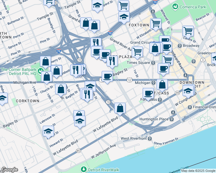 map of restaurants, bars, coffee shops, grocery stores, and more near 985 Michigan Avenue in Detroit