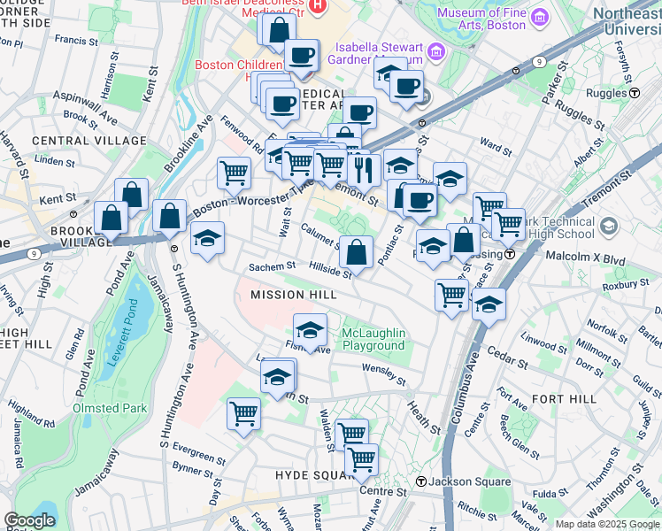 map of restaurants, bars, coffee shops, grocery stores, and more near 99 Hillside Street in Boston