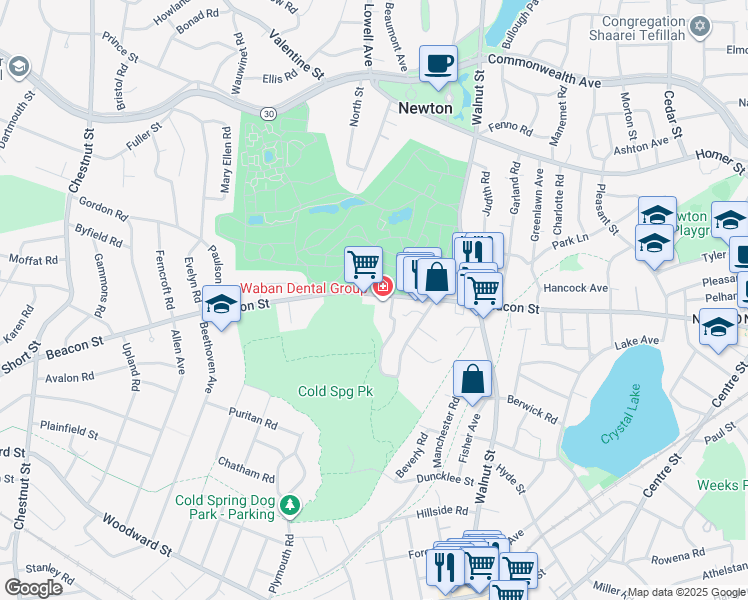 map of restaurants, bars, coffee shops, grocery stores, and more near 1188 Beacon Street in Newton