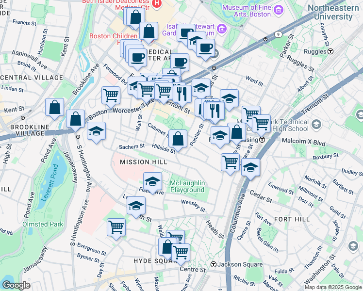 map of restaurants, bars, coffee shops, grocery stores, and more near 101 Calumet Street in Boston