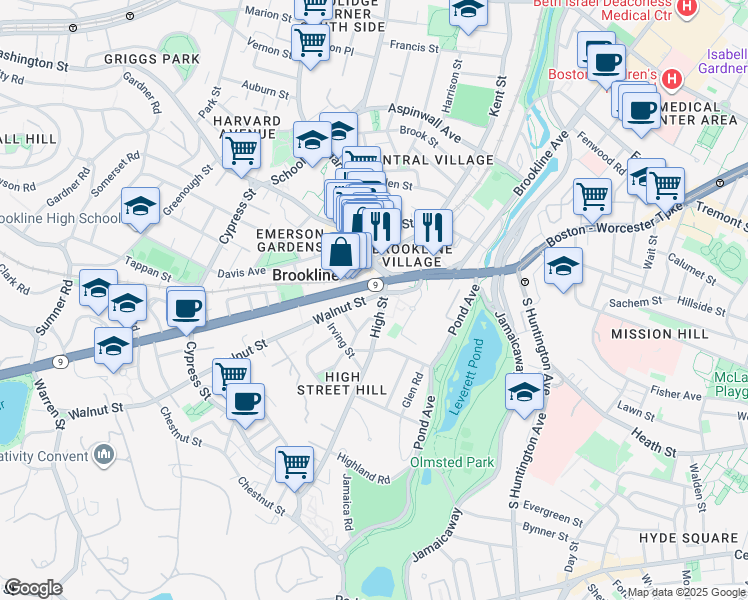 map of restaurants, bars, coffee shops, grocery stores, and more near 72 Walnut Street in Brookline
