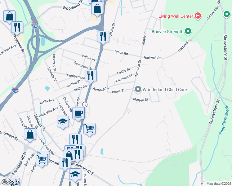 map of restaurants, bars, coffee shops, grocery stores, and more near 60A Apthorp Street in Worcester
