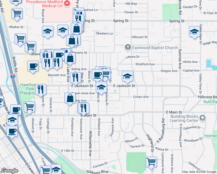 map of restaurants, bars, coffee shops, grocery stores, and more near 1211 East Jackson Street in Medford