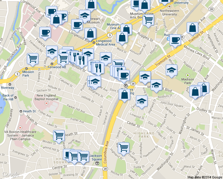 map of restaurants, bars, coffee shops, grocery stores, and more near Parker St & Gore St in Boston