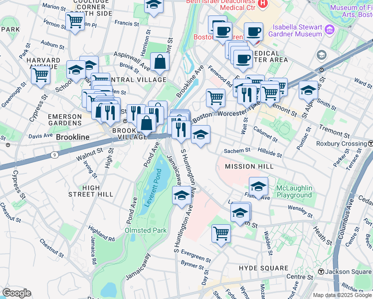 map of restaurants, bars, coffee shops, grocery stores, and more near 25-25A South Huntington Avenue in Boston