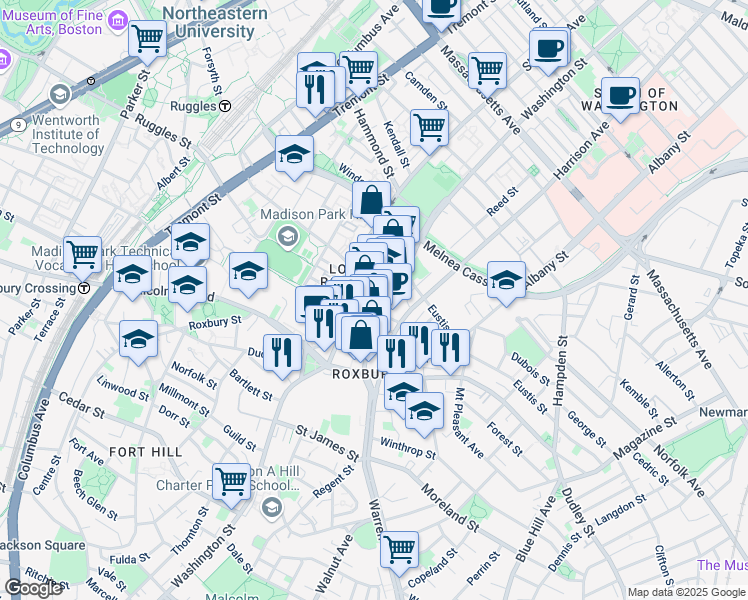 map of restaurants, bars, coffee shops, grocery stores, and more near 2201 Washington Street in Boston