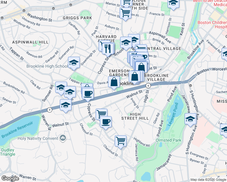 map of restaurants, bars, coffee shops, grocery stores, and more near 88 Davis Avenue in Brookline