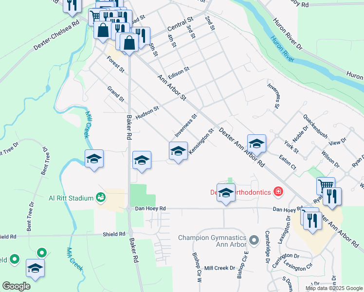 map of restaurants, bars, coffee shops, grocery stores, and more near 3030 Inverness Street in Dexter