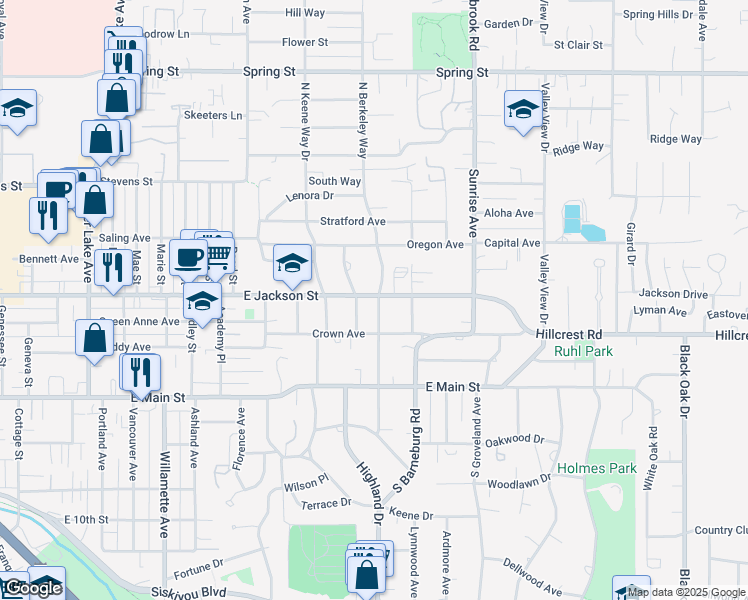 map of restaurants, bars, coffee shops, grocery stores, and more near 227 North Berkeley Way in Medford