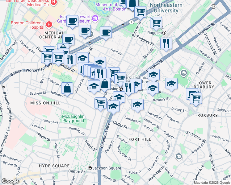 map of restaurants, bars, coffee shops, grocery stores, and more near 24 Terrace Street in Boston