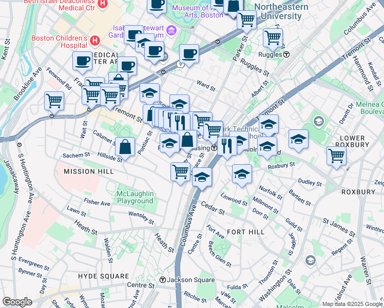 map of restaurants, bars, coffee shops, grocery stores, and more near 718 Parker Street in Boston