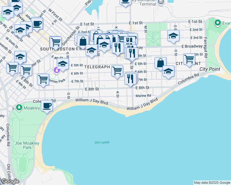 map of restaurants, bars, coffee shops, grocery stores, and more near 360 K Street in Boston