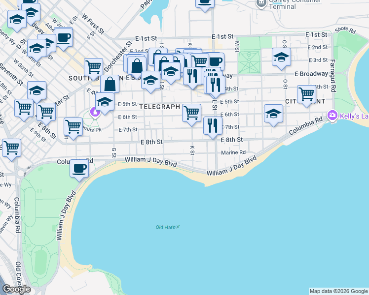 map of restaurants, bars, coffee shops, grocery stores, and more near 582-1/2 East 8th Street in Boston