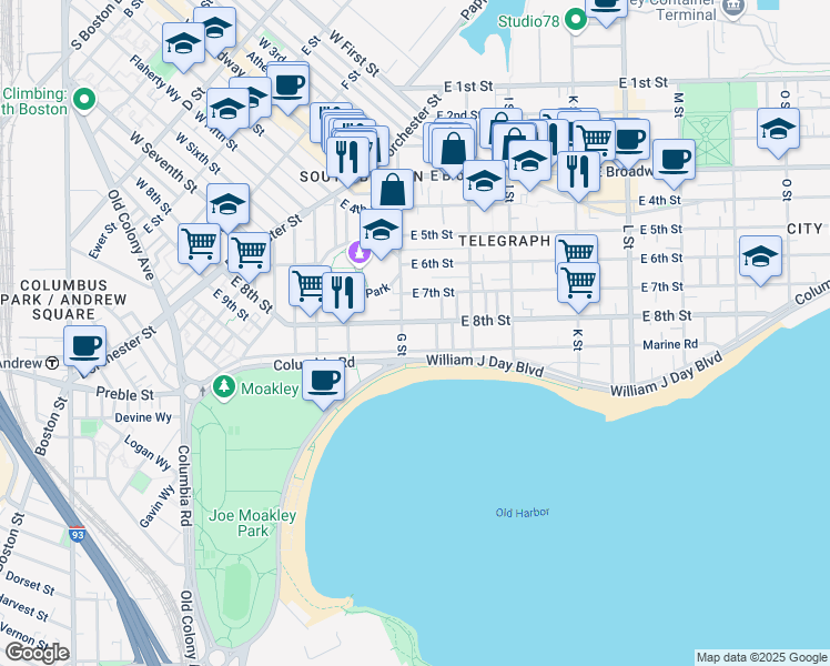 map of restaurants, bars, coffee shops, grocery stores, and more near 454 East 8th Street in Boston