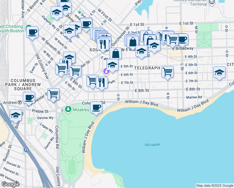 map of restaurants, bars, coffee shops, grocery stores, and more near 412 East 8th Street in Boston