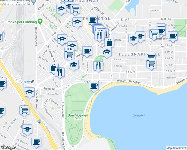 map of restaurants, bars, coffee shops, grocery stores, and more near 99 Old Harbor Street in Boston