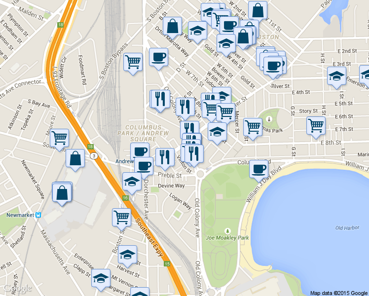 map of restaurants, bars, coffee shops, grocery stores, and more near in Boston