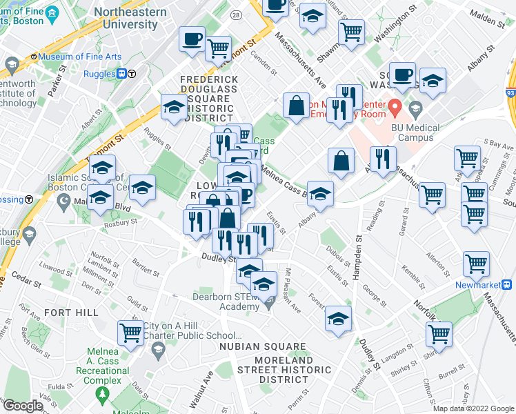map of restaurants, bars, coffee shops, grocery stores, and more near 1003 Harrison Avenue in Boston