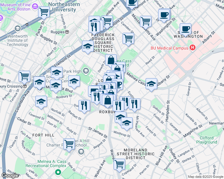 map of restaurants, bars, coffee shops, grocery stores, and more near 2249 Washington Street in Boston