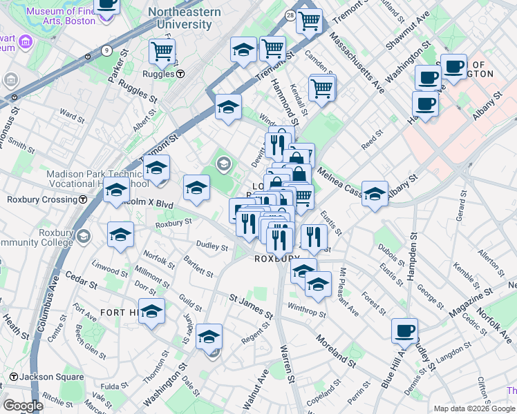 map of restaurants, bars, coffee shops, grocery stores, and more near in Boston