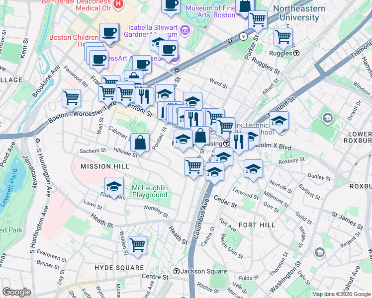 map of restaurants, bars, coffee shops, grocery stores, and more near in Boston