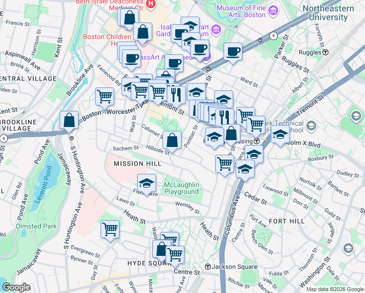 map of restaurants, bars, coffee shops, grocery stores, and more near 40 Pontiac Street in Boston