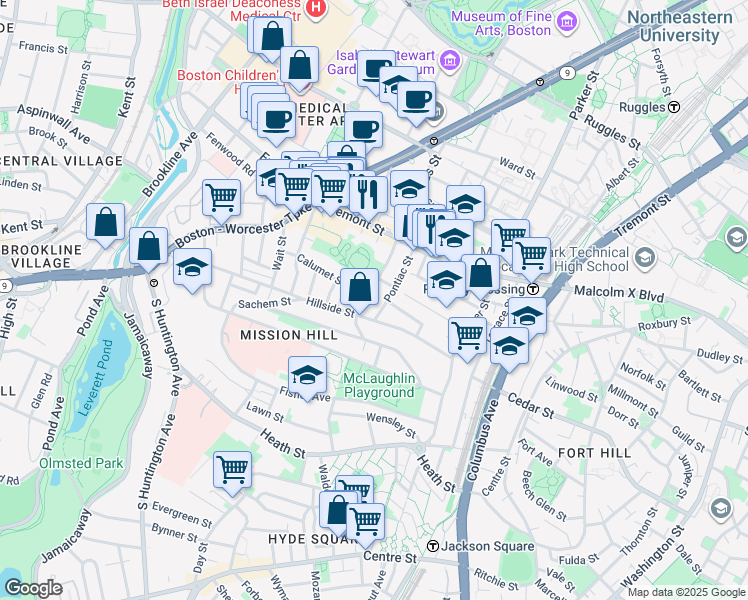 map of restaurants, bars, coffee shops, grocery stores, and more near 101 Calumet Street in Boston