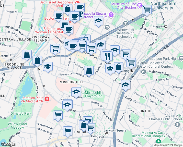 map of restaurants, bars, coffee shops, grocery stores, and more near 101 Calumet Street in Boston