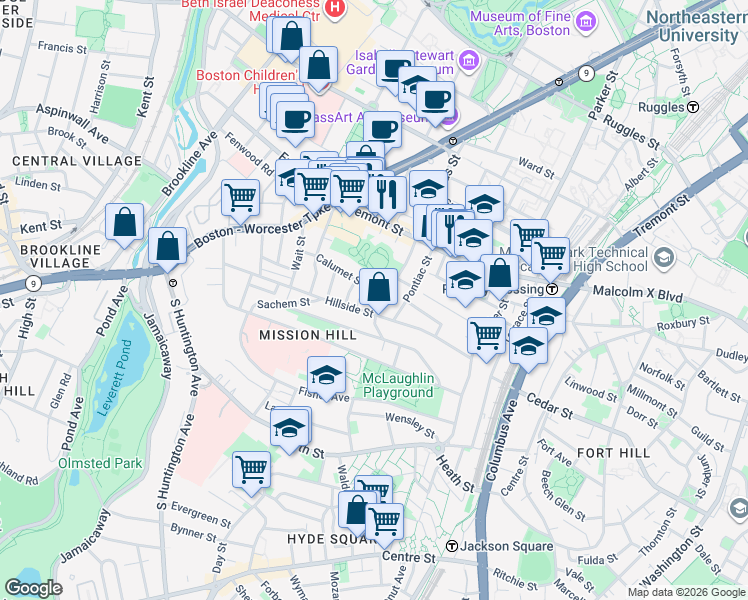 map of restaurants, bars, coffee shops, grocery stores, and more near 101 Calumet Street in Boston