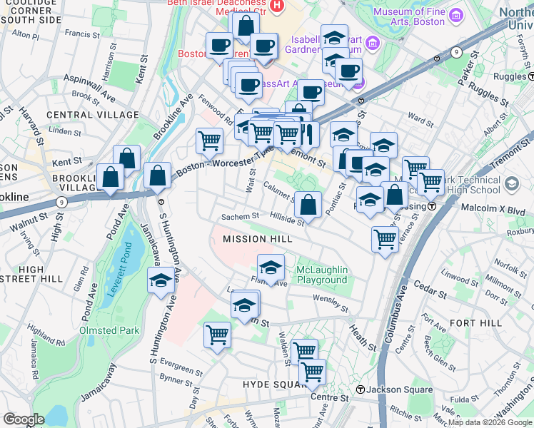 map of restaurants, bars, coffee shops, grocery stores, and more near 39 Darling Street in Boston