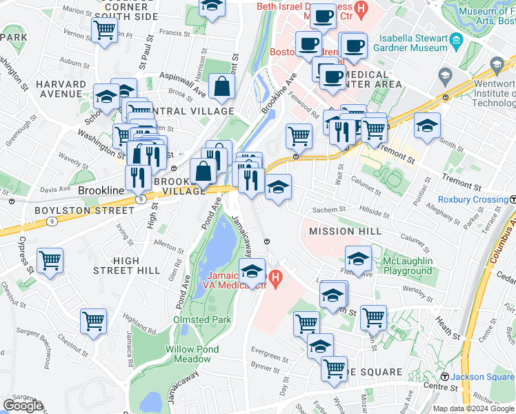 map of restaurants, bars, coffee shops, grocery stores, and more near 25-25A South Huntington Avenue in Boston