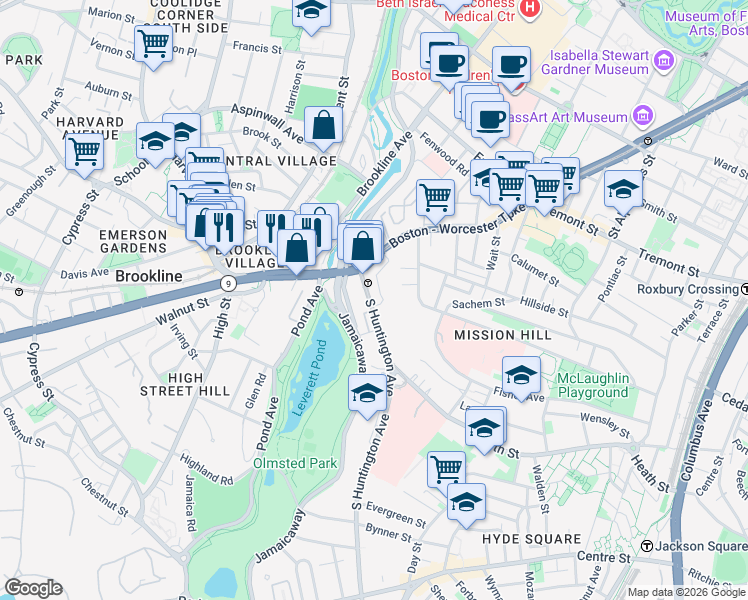 map of restaurants, bars, coffee shops, grocery stores, and more near 36 South Huntington Avenue in Boston