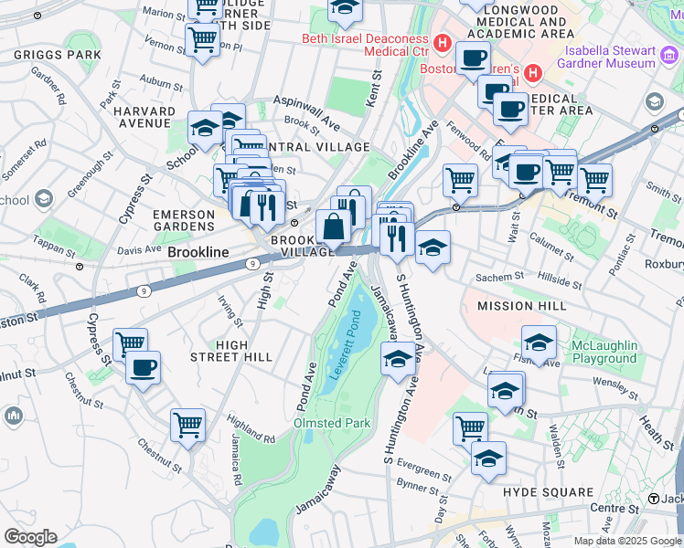map of restaurants, bars, coffee shops, grocery stores, and more near 55 Washington Street in Brookline