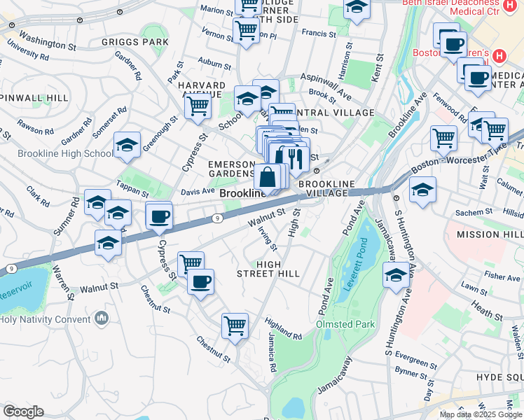 map of restaurants, bars, coffee shops, grocery stores, and more near 71 Massachusetts 9 in Brookline