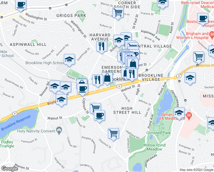 map of restaurants, bars, coffee shops, grocery stores, and more near 88 Davis Avenue in Brookline