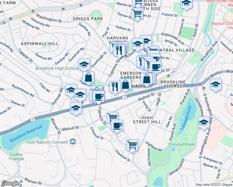 map of restaurants, bars, coffee shops, grocery stores, and more near 118 Davis Avenue in Brookline