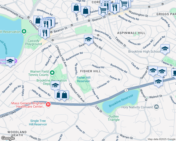 map of restaurants, bars, coffee shops, grocery stores, and more near 90 Holland Road in Brookline