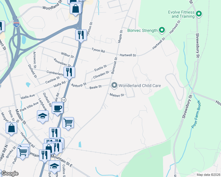 map of restaurants, bars, coffee shops, grocery stores, and more near 1 Santoro Road in Worcester
