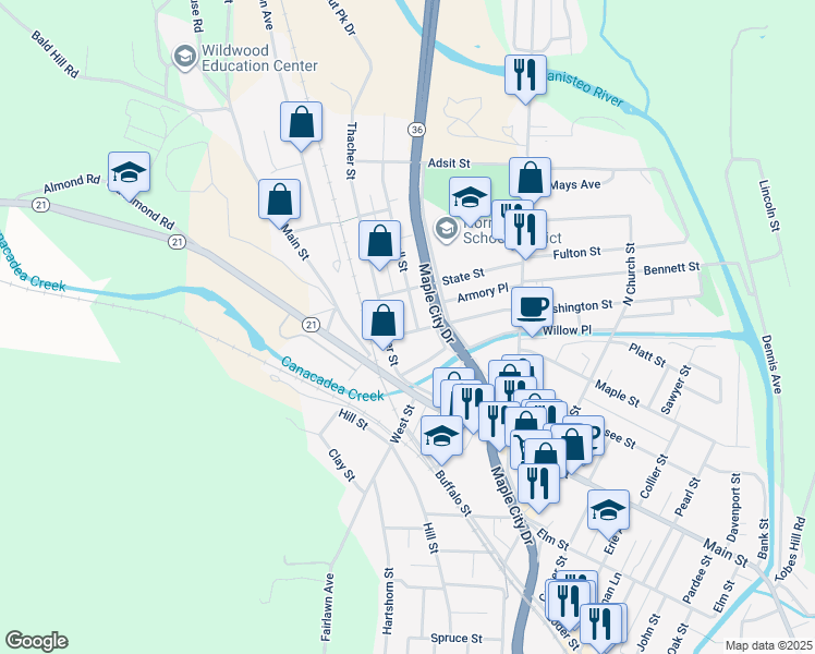 map of restaurants, bars, coffee shops, grocery stores, and more near 110 Hornell Street in Hornell