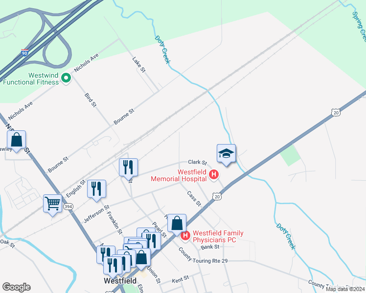 map of restaurants, bars, coffee shops, grocery stores, and more near 75 Cass Street in Westfield