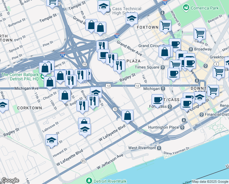 map of restaurants, bars, coffee shops, grocery stores, and more near in Detroit