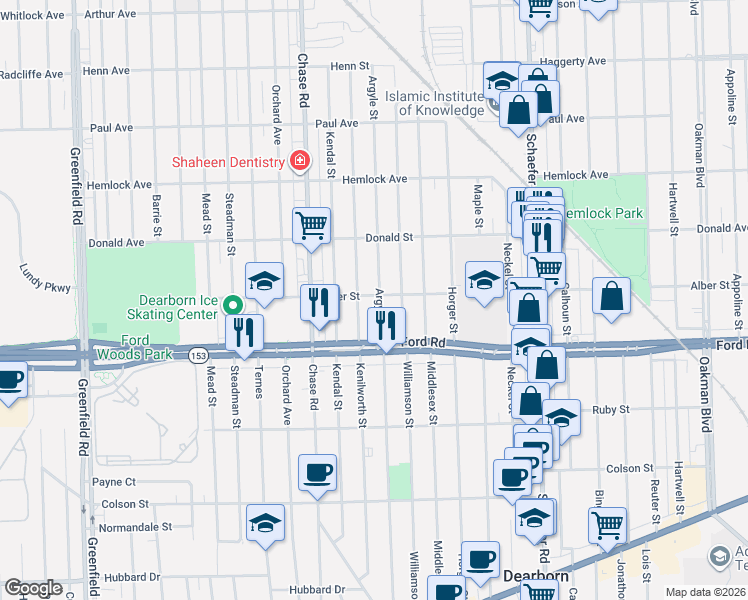 map of restaurants, bars, coffee shops, grocery stores, and more near 5821 Kenilworth Street in Dearborn
