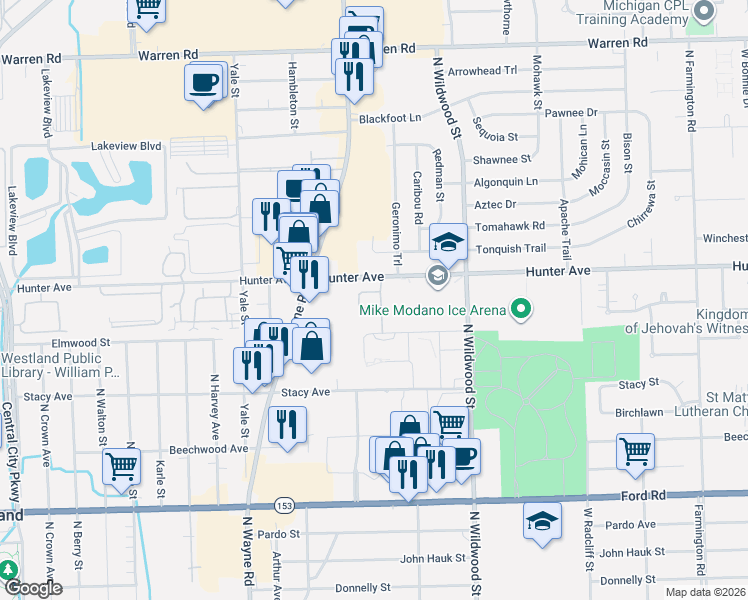 map of restaurants, bars, coffee shops, grocery stores, and more near 34852 Linden Lane in Westland