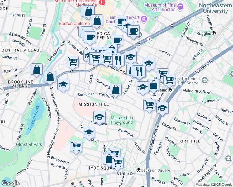 map of restaurants, bars, coffee shops, grocery stores, and more near Calumet Street in Boston